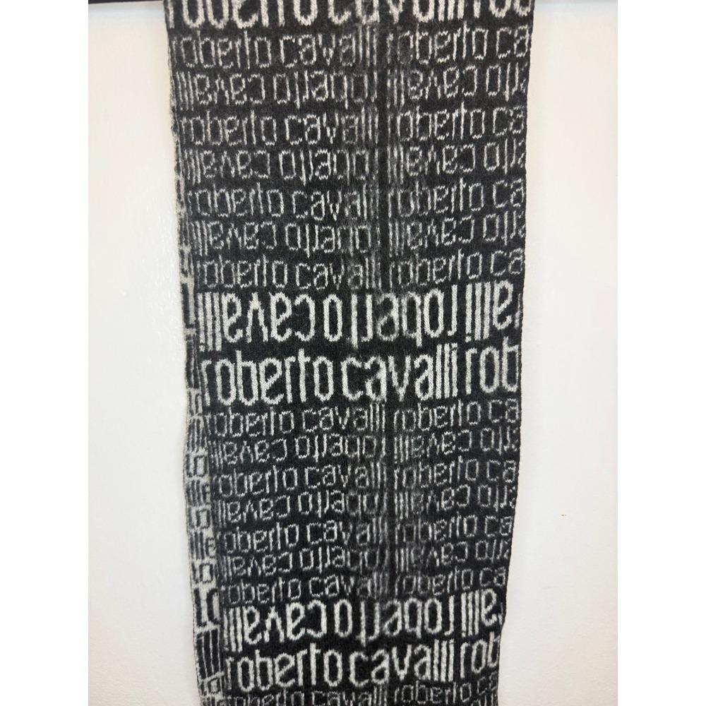 Vintage Roberto Cavalli Italy Black Gray Spellout Logo Cashmere Blend Knit Scarf